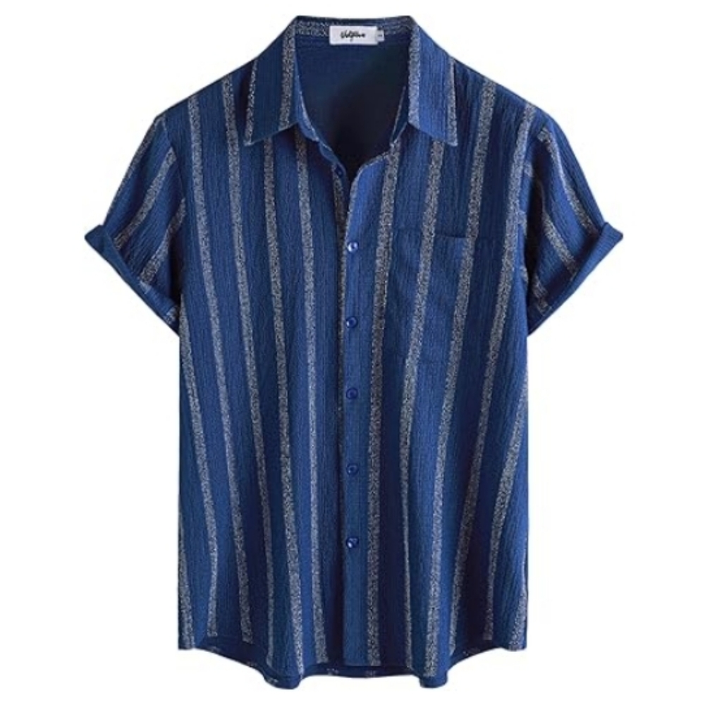 Mens Summer Striped Button Down Short Sleeve Hawaiian Shirt Dark Blue